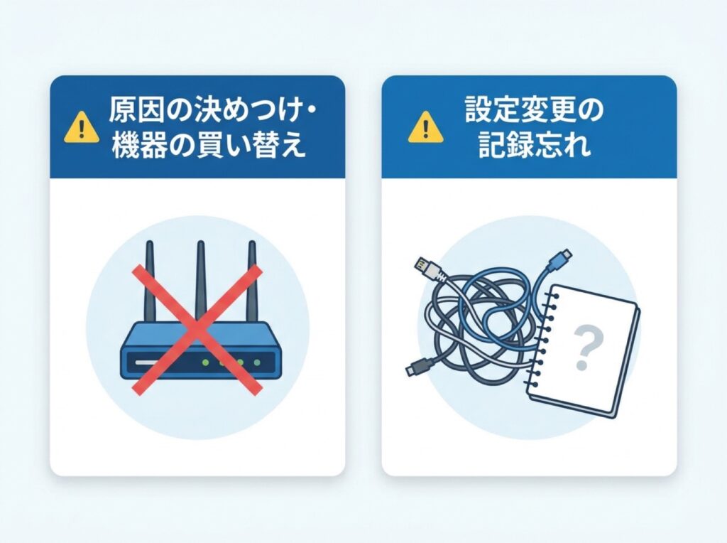 機器の買い替えと記録忘れという2つのよくある失敗を示した図