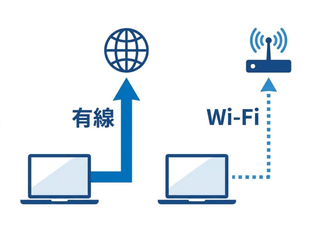 同じ端末を有線とWi-Fiで比べて原因を分ける図