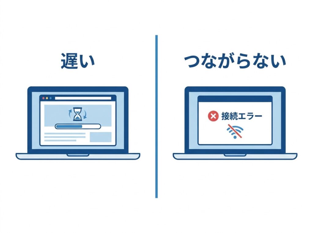 「遅い」状態と「つながらない」状態の違いを左右で比べた図
