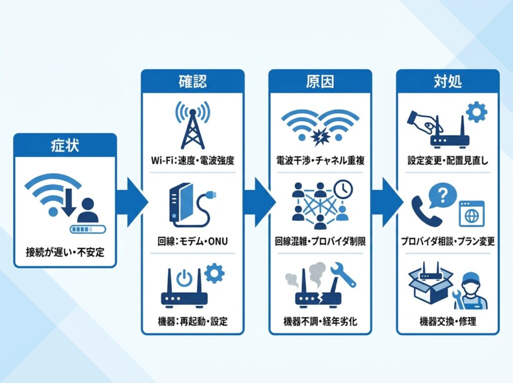 事例で症状から確認、原因、対処へ進む切り分けの流れを示した図