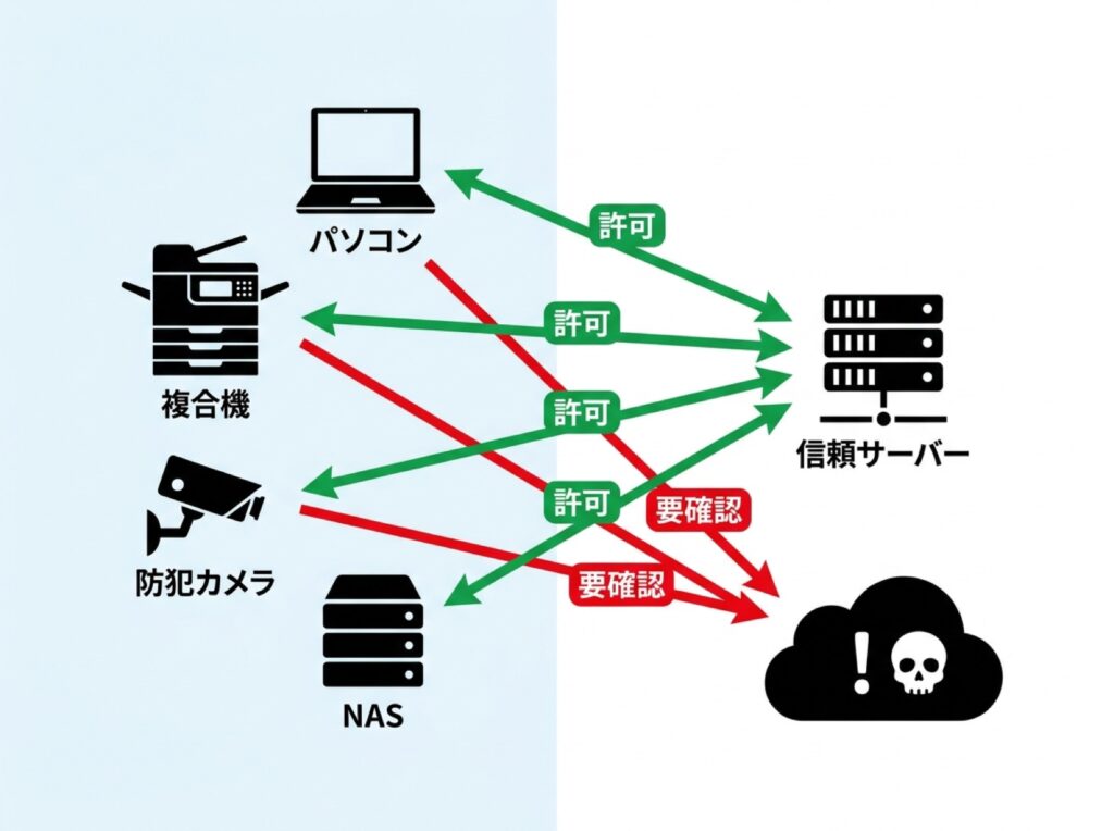 社内機器ごとに許可する宛先を整理し、それ以外を要確認とする考え方の図。