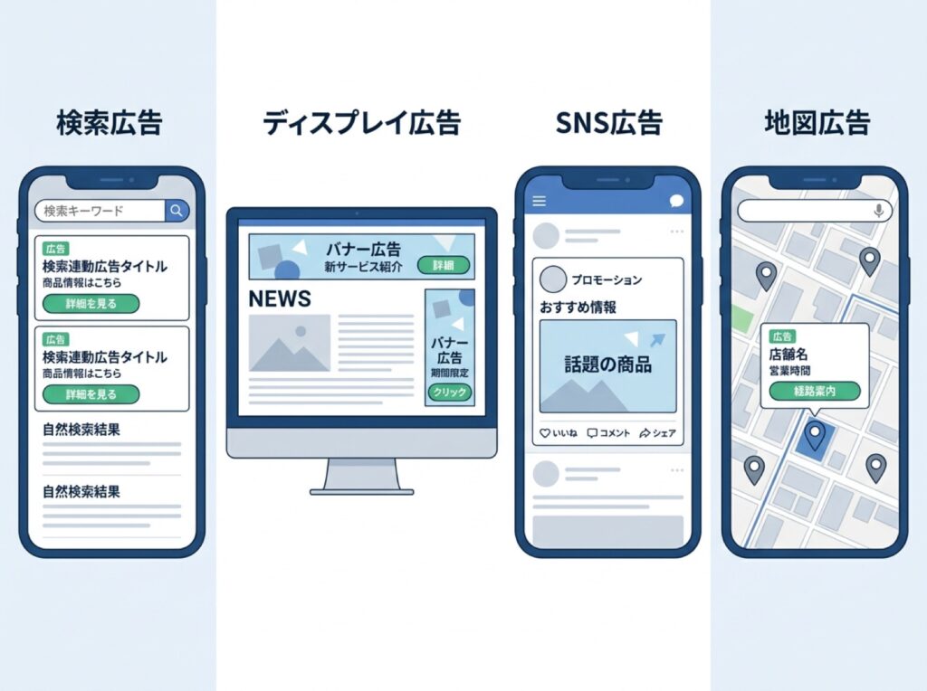 検索広告・ディスプレイ広告・SNS広告・地図広告の表示場所の違いを並べて示した図解。