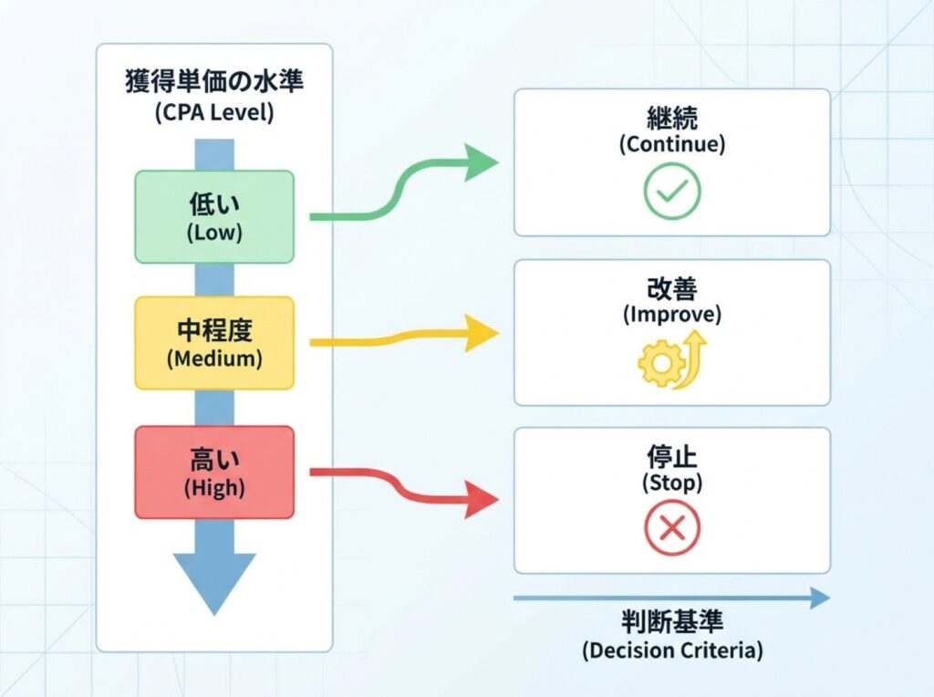 獲得単価の水準によって継続・改善・停止に分かれる判断基準のイメージ図。