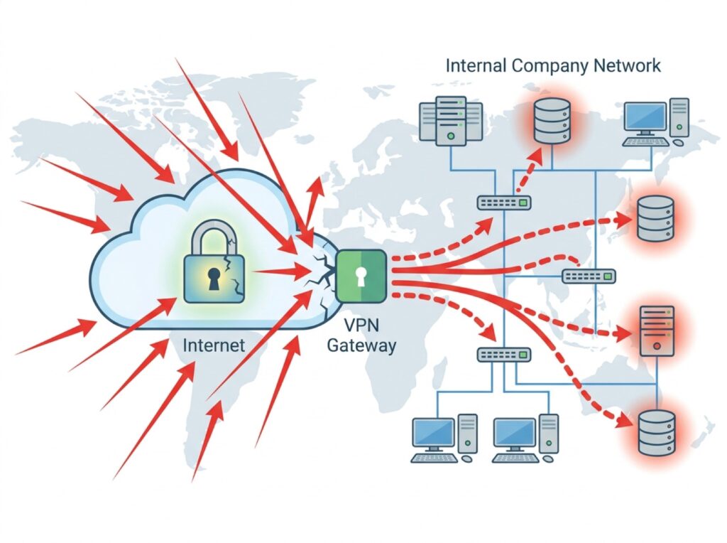 インターネットに公開されたVPN機器に外部から攻撃が集中し、侵入されると社内へ進める様子を示す図。