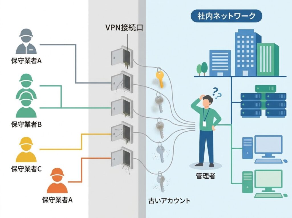 保守業者ごとに接続口が増え、使われないアカウントが残ったまま管理が行き届かない状態を表す図。