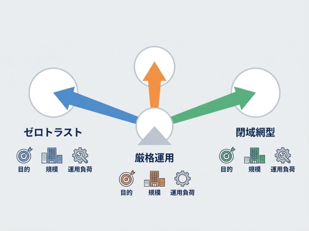 ゼロトラスト、VPN機器の厳格運用、閉域網型の三つの選択肢を目的・規模・運用負荷で比べる図。