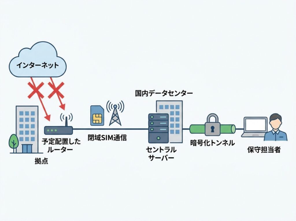 拠点が閉域SIMでセントラルサーバーにつながり、保守担当者もそこから拠点機器を操作する、入口を公開しない構成図。