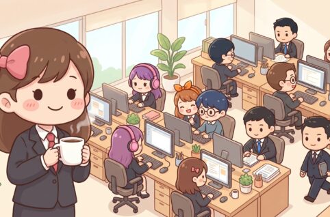 クリエイティブオフィスで働くAI社員たちと、コーヒーを手にしたこころ