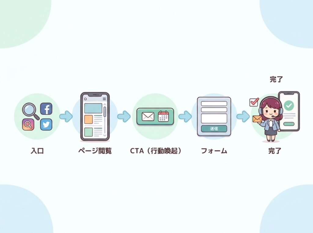 入口からスマホ表示まで、導線を訪問者の通る順に点検する5段階の流れを表した図。