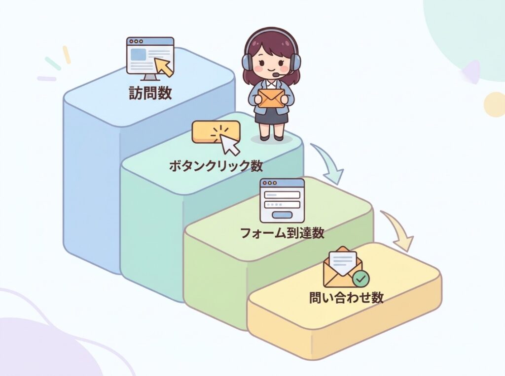 訪問数からクリック、フォーム到達、問い合わせへと人数が減っていく4段階を表した図。