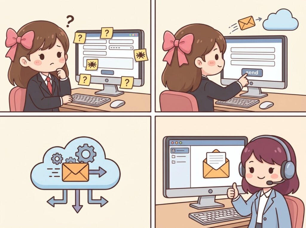 フォームのテスト送信を、入力から受信確認まで順に行う手順を表した図。