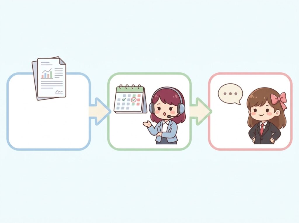 期限を示す、決める人と日を確認する、連絡を続けるという3段階の進め方の流れ図