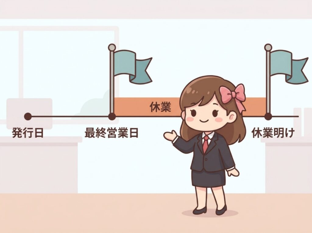 年末年始の休業を挟んだ見積の有効期限の置き方を示すタイムライン図