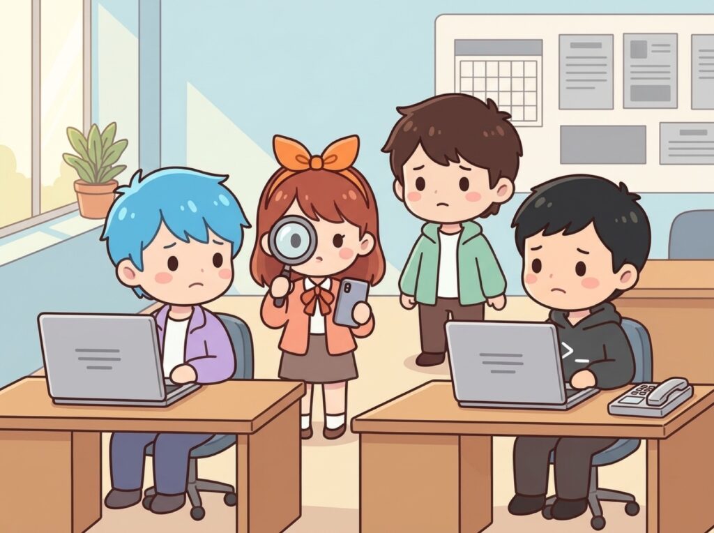 朝の事務所で回線が使えず社員が困っている場面