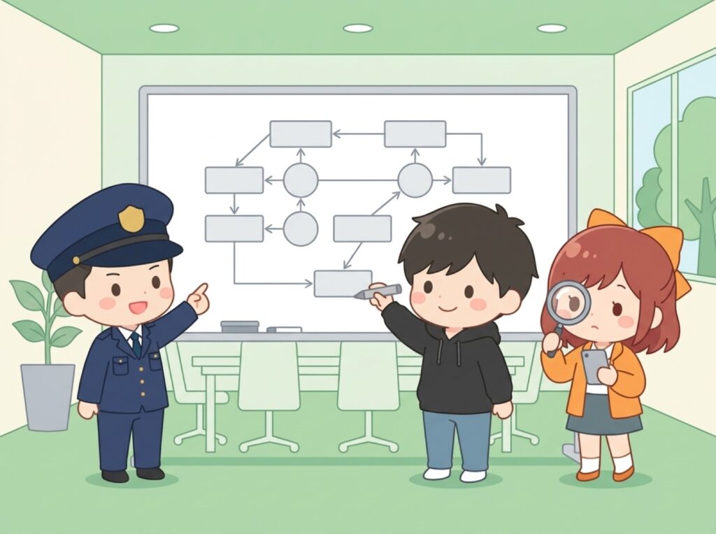 担当社員が集まって回線に頼る業務を洗い出している場面
