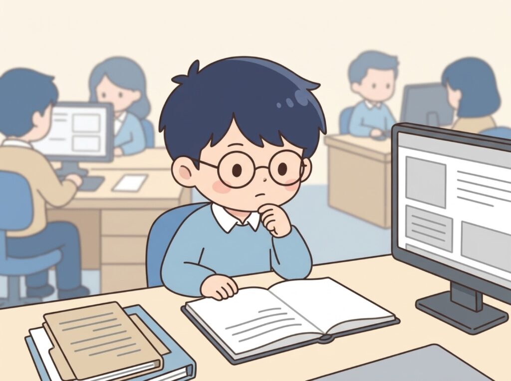 管理職が来期の計画を考えながらチームの様子を見渡している場面