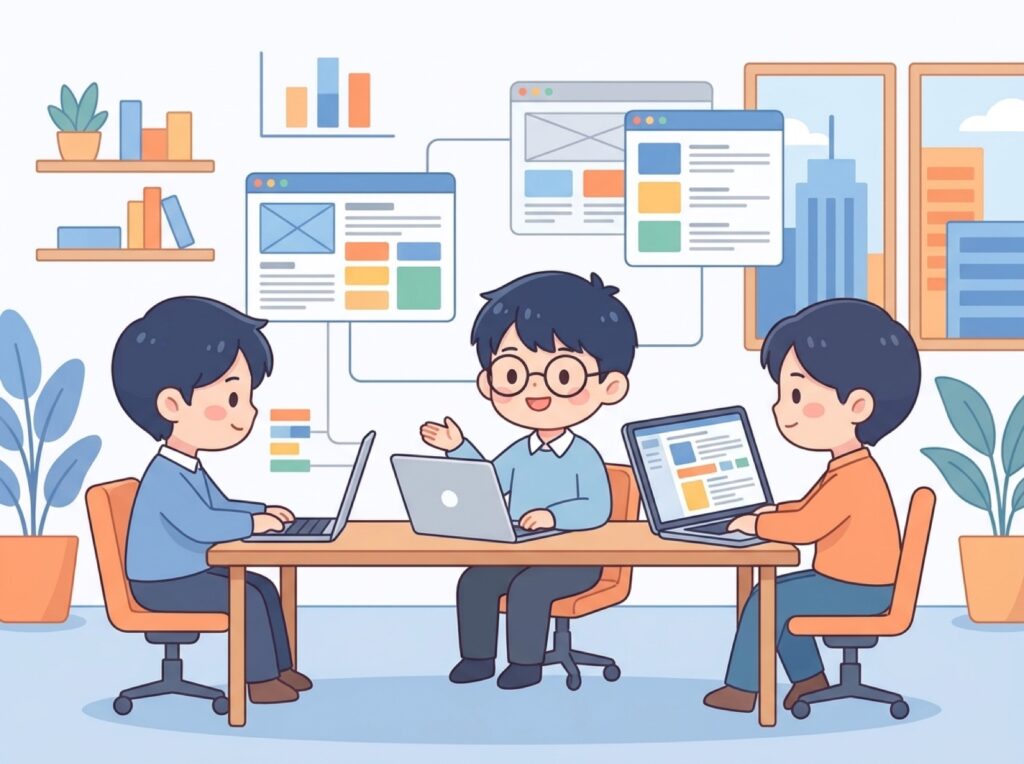 少人数のチームがAIを使ってWeb制作を進めているオフィスの場面