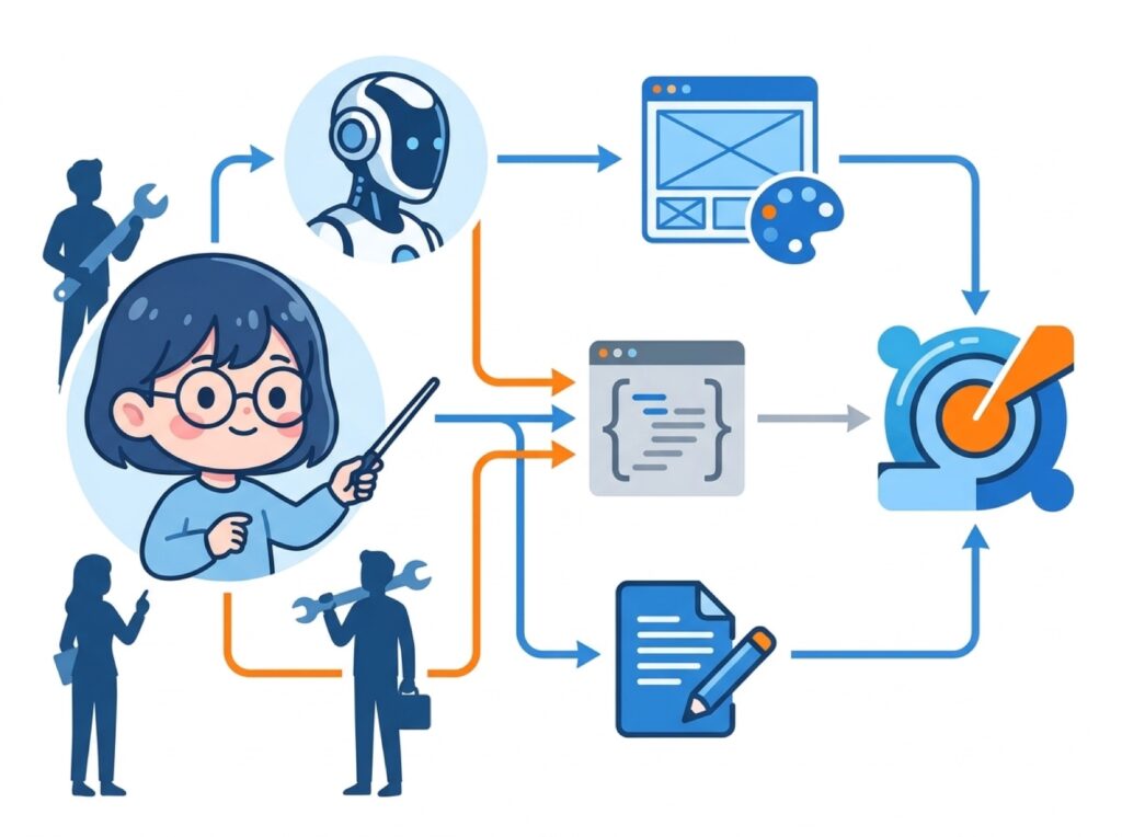指揮者のように、AIと人をまとめる担当者を描いた場面