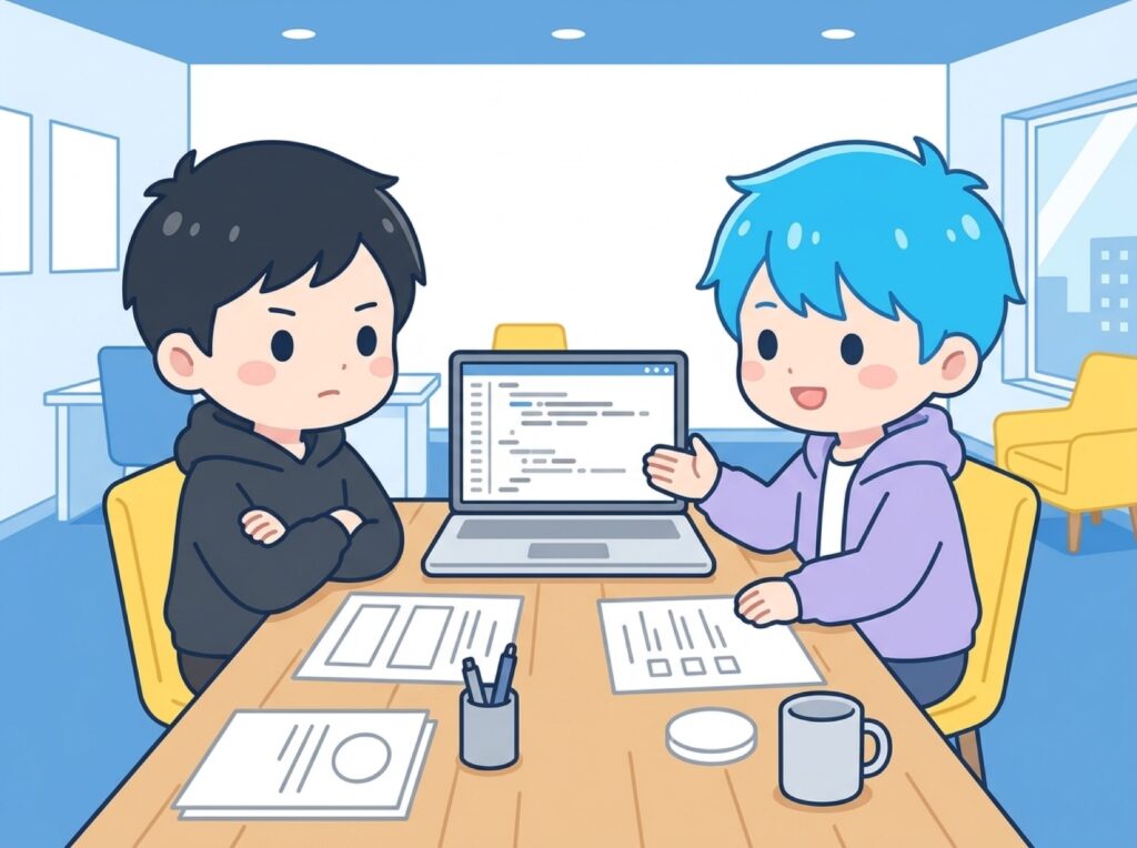 経営者が外注先の開発担当者から報告を受けている打ち合わせの様子