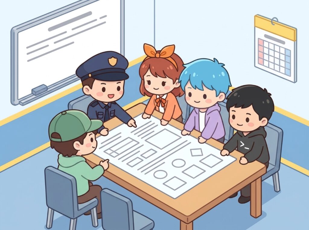 社員と経営者が社内ルールや契約について話し合っている様子
