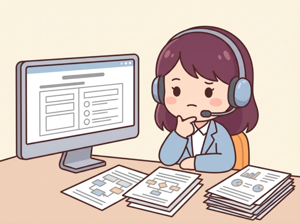 提案資料づくりでお客様の声が足りず考え込む販促担当者の様子