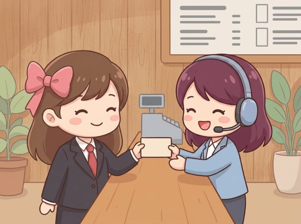 来店客にアンケートのカードを手渡すカフェの店員の様子