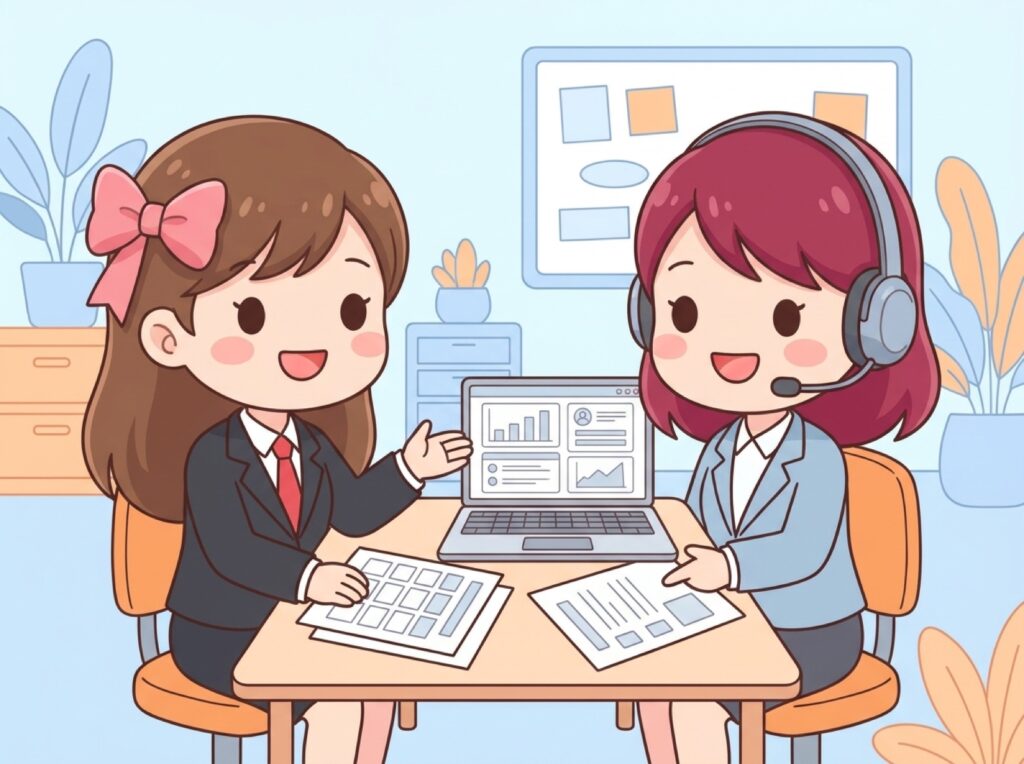 アンケートを始める計画を囲んで相談するスタッフたちの様子