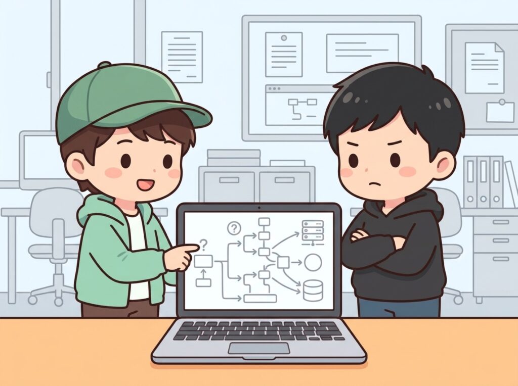社員がAI利用を上司に相談し、上司が慎重に考えている場面