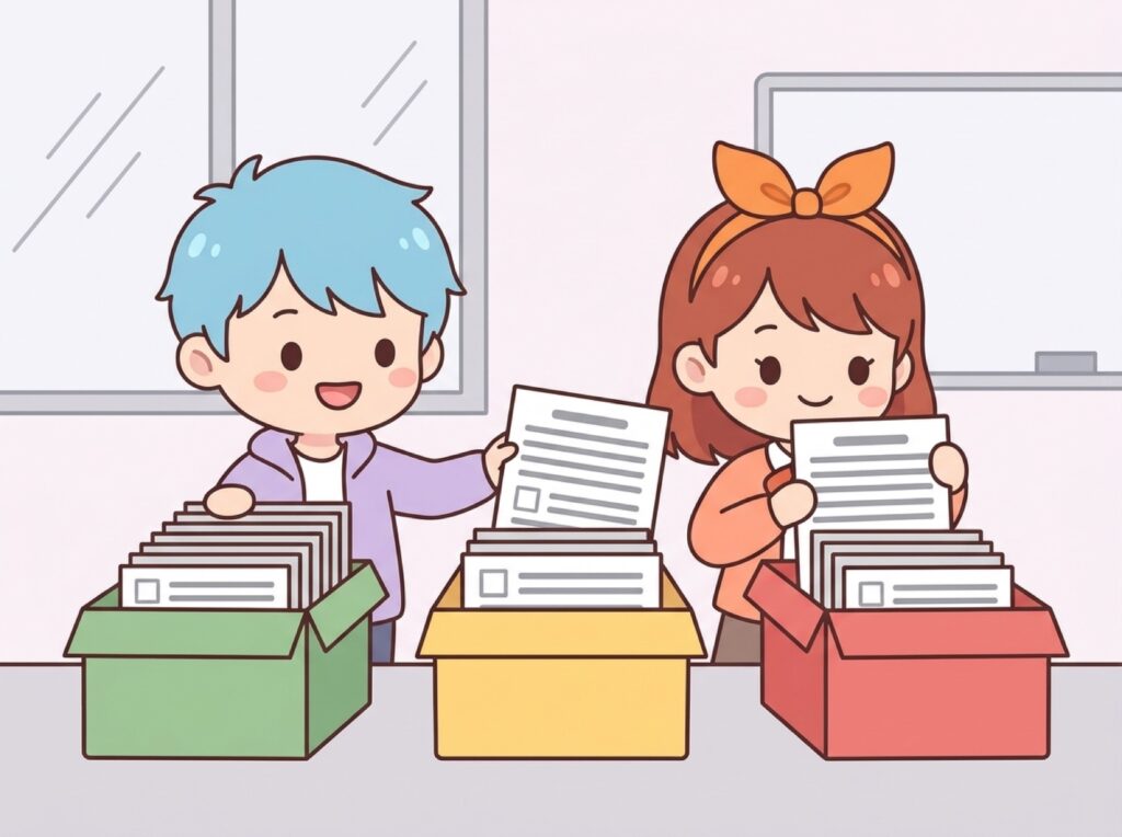 データを種類ごとに仕分けして管理している社員の様子
