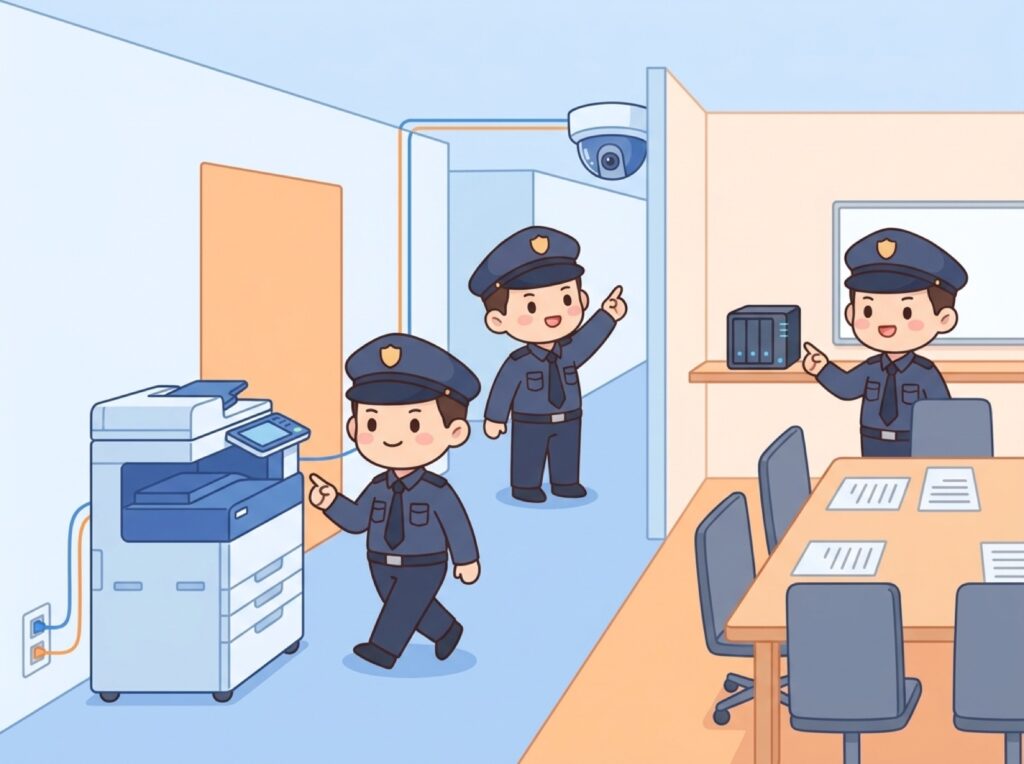 担当社員がオフィスを歩いてつながる機器を確認している場面