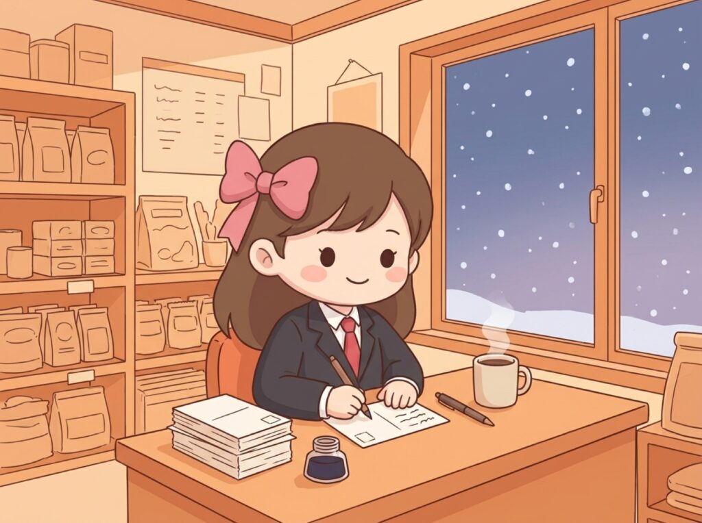 店主が机で年末の挨拶はがきを書いている場面