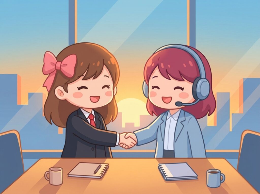 商談を終えて握手を交わす二人の様子