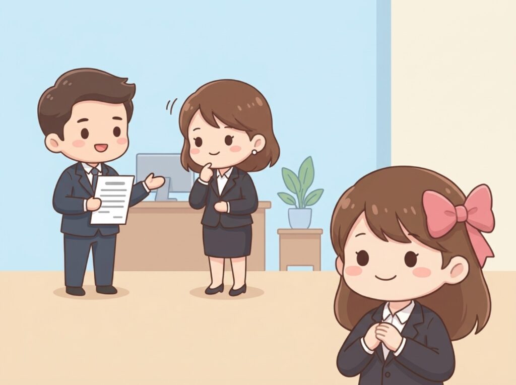 取引先の担当者が社内で説明するのを支える場面