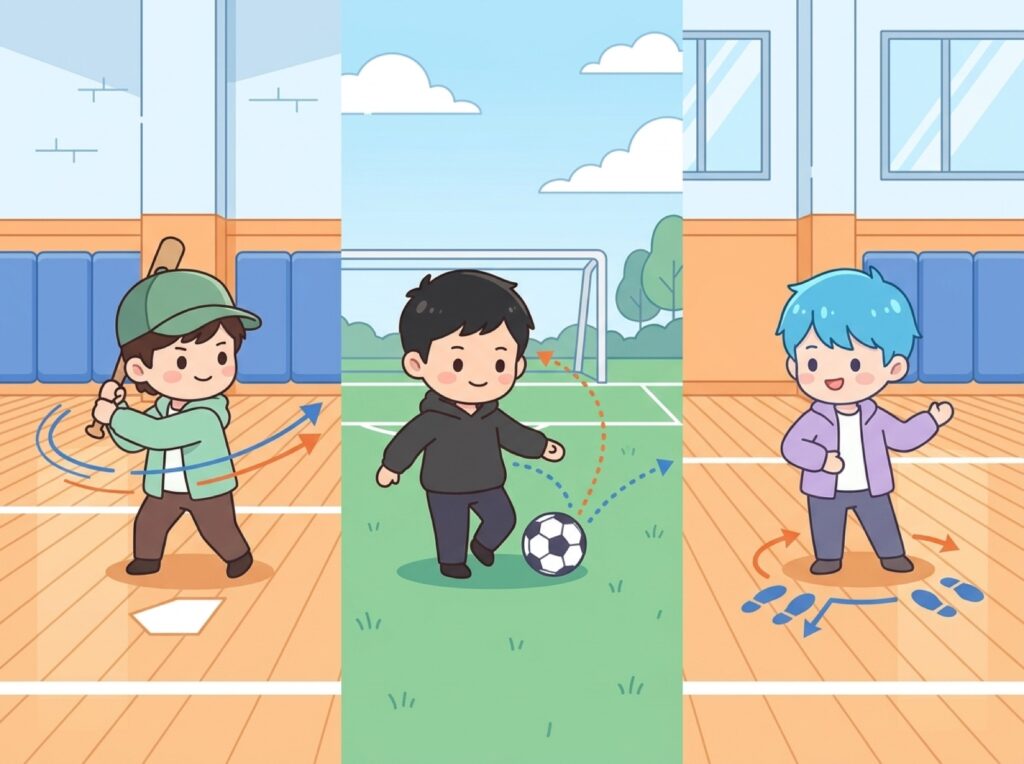 野球・サッカー・ダンスの基本の形を練習する人たちの場面