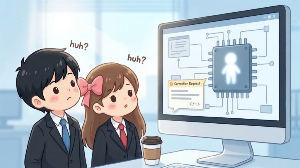 朝のオフィスで図を見て首をかしげる二人