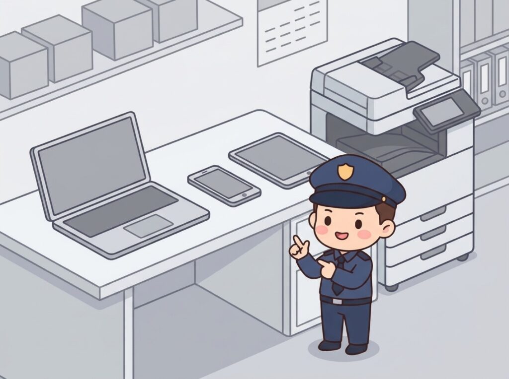 社員が机の上のPCやスマホ、タブレットなどの端末を数え上げている場面