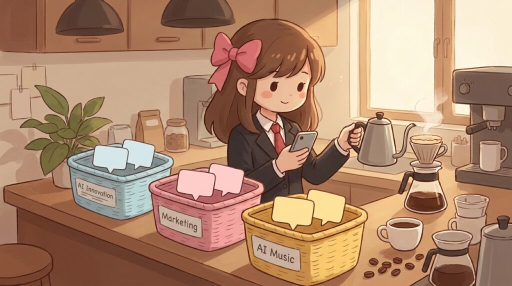 カフェ風カウンターでコーヒーをいれつつつぶやきを仕上げるこころ