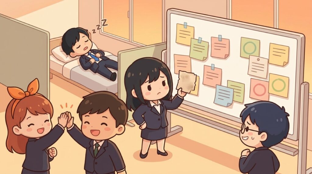続けることリストの前で古いメモをつまむめいとてまり