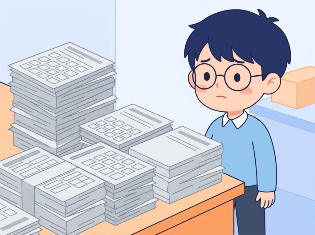 机に積み上がった書類を前に、担当者が困っている様子