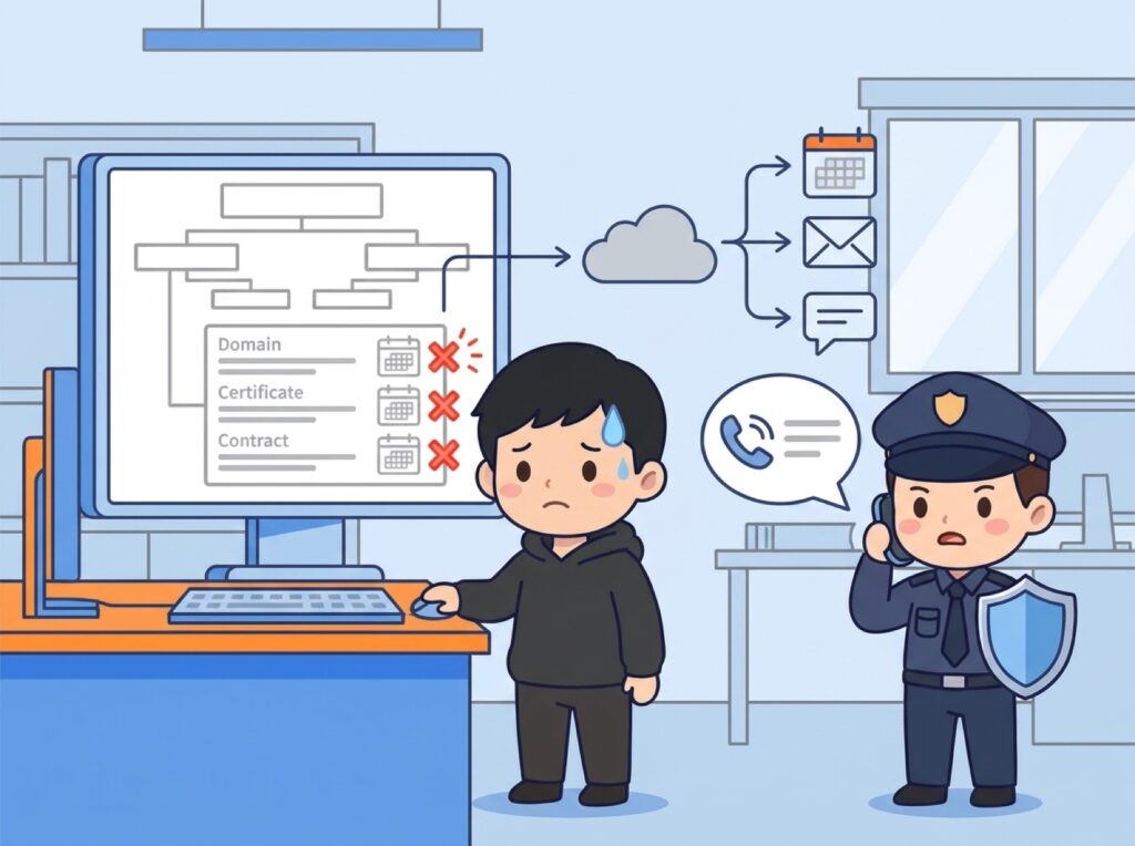 更新切れで業務が止まり、社員が対応に追われている事務所の様子