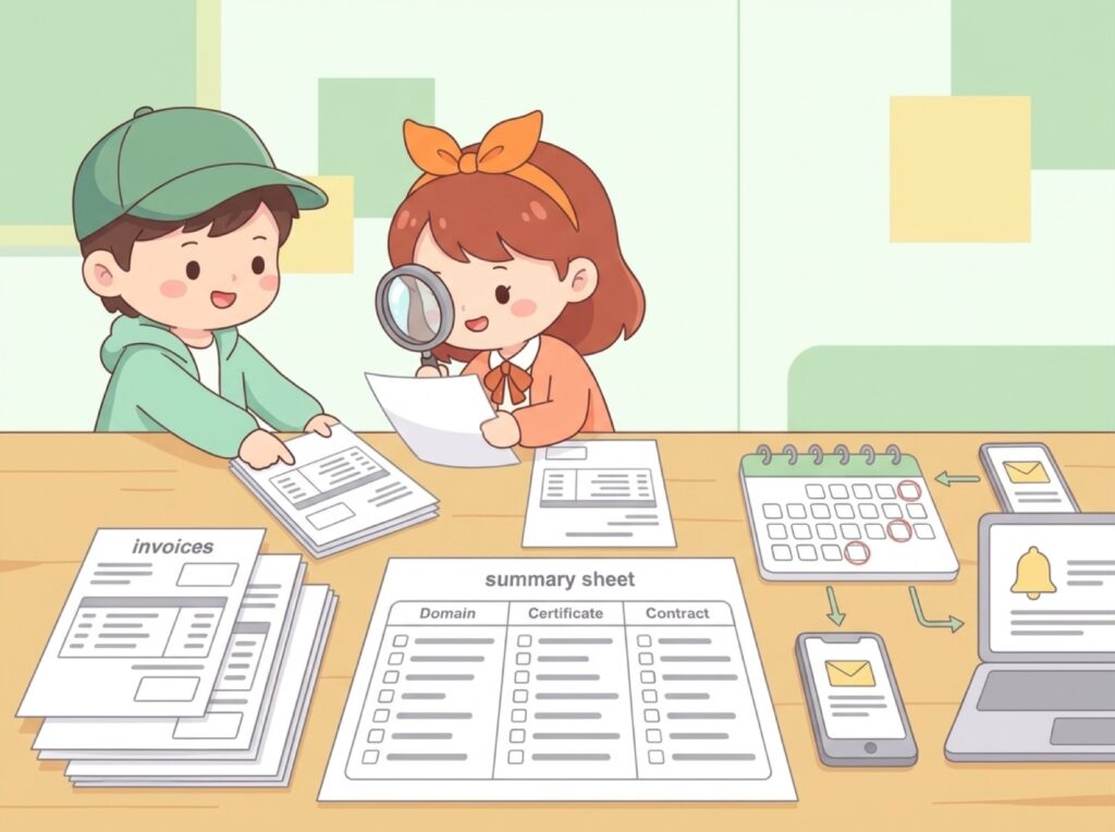 請求書や明細を見比べて契約を洗い出している社員の様子