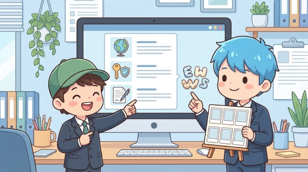 むすびがモニターの図を見せ、じぇむが画像を並べて見守る