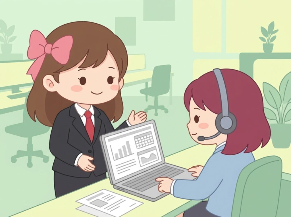 担当者が代役の同僚に運用を引き継ぐ場面