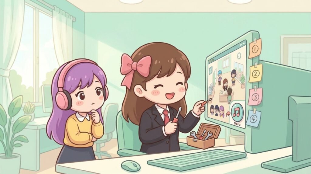 モニターを手直しするこころと見守るめろ